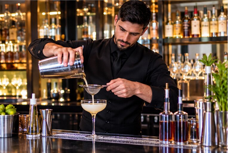 Barman in nero che prepara un cocktail